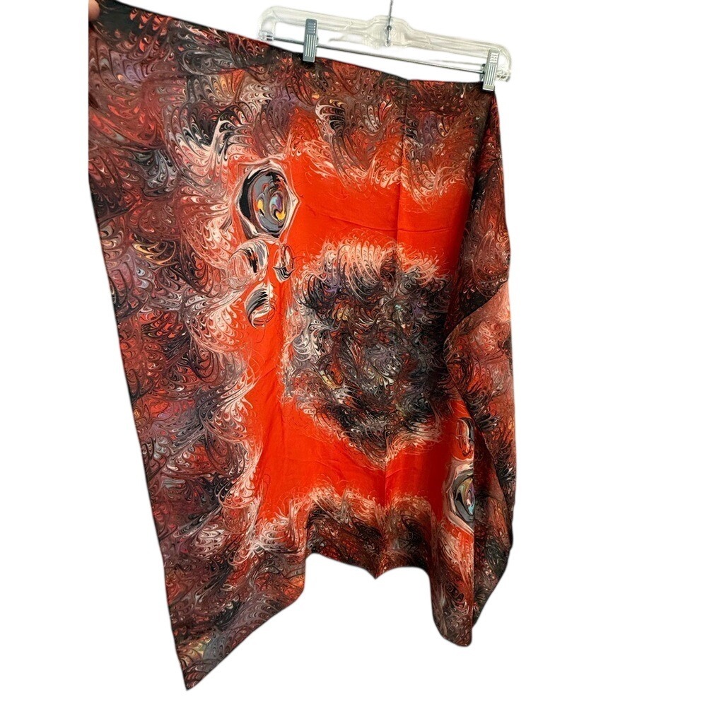 1960s 70s Silk Peacock Marbled  Bright Coral Brown Square Neck Scarf Vintage 30"